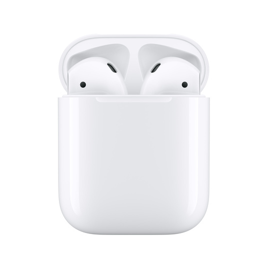 Vorderansicht von AirPods (2. Generation) in einem geöffneten Ladecase. 