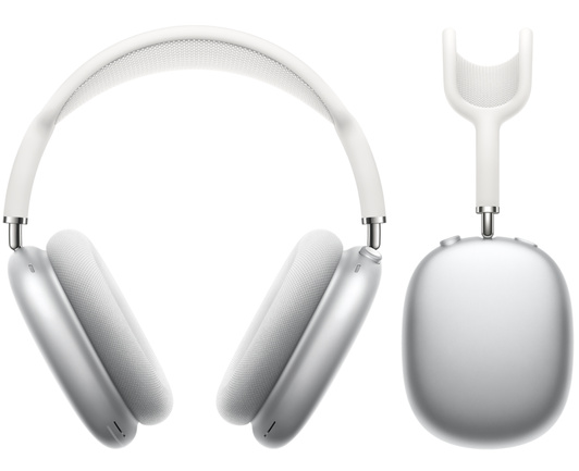 Vorderansicht von AirPods Max in Silber neben einer Seitenansicht der Außenseite der AirPods Max Kopfhörer.