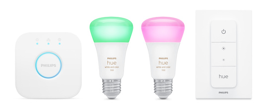 Mit dem Philips Hue Starter Kit ( E27) kannst du Räume mit über 16 Millionen atmo­sphärischen Farben beleuchten.