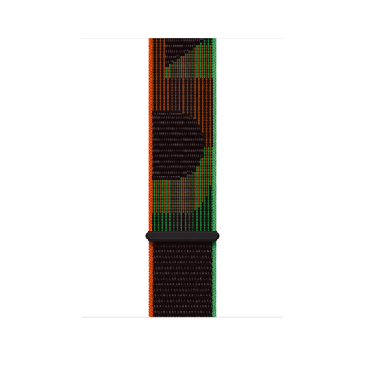 Sport Loop Armband Black Unity, schwarzes gewebtes Nylon mit dem Wort „Unity“ in rotem und grünem Design, Klettverschluss