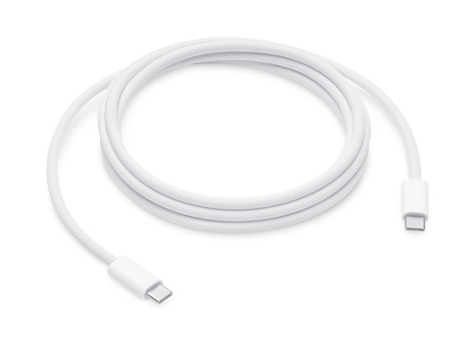 Vista superior del cable enrollado con conectores USB-C en ambos extremos.