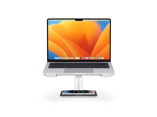 Der verstellbare Twelve South HiRise Pro Ständer mit einem geöffneten MacBook und darunter einem iPhone, das geladen wird.