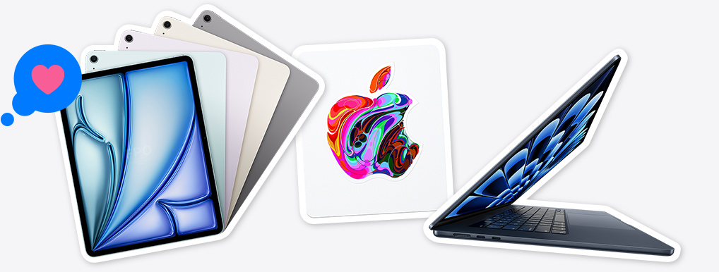 iPad Air models in Blue, Purple, Starlight, Space Gray with a heart tapback, Apple Gift Card sticker with an Apple logo containing abstract swirled multicolor design, open MacBook Air in Midnight 