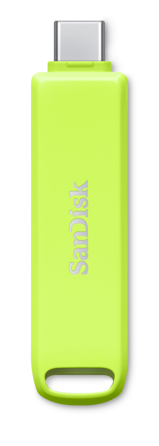 그린 색상의 SanDisk® iXpand® Flash Drive Luxe. 상단의 USB-C 커넥터, 중앙의 SanDisk 로고, 하단의 키링이 보입니다