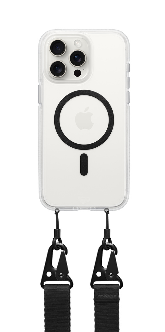 Rückseite des Tech21 Crossbody Flex Quartz Case für iPhone, MagSafe Ring, enthaltenes Band unten am Case angebracht