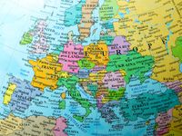 Map view of Europe on a geographical globe.