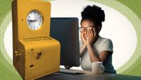 Photo illustration of a tired woman at her computer and a punch clock.