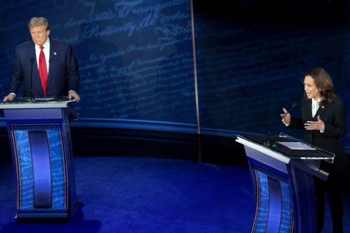 PHILADELPHIA, PENNSYLVANIA - SEPTEMBER 10: Republican presidential nominee, former U.S. President Donald Trump and Democratic presidential nominee, U.S. Vice President Kamala Harris debate for the first time during the presidential election campaign at The National Constitution Center on September 10, 2024 in Philadelphia, Pennsylvania. After earning the Democratic Party nomination following President Joe Biden's decision to leave the race, Harris faced off with Trump in what may be the only debate of the 2024 race for the White House. (Photo by Win McNamee/Getty Images)