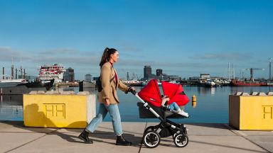 A mother pushing a pram along a dockside