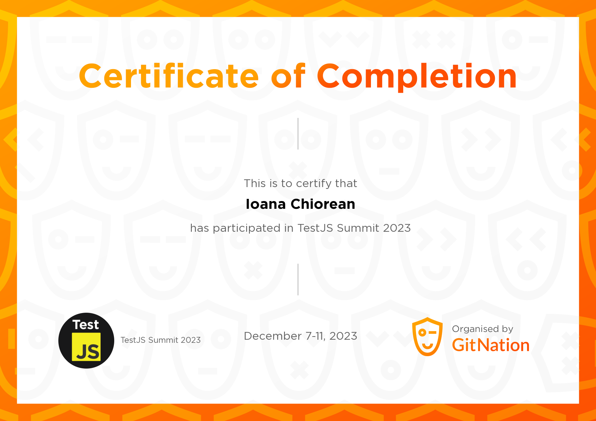 Ioana Chiorean's Certificate from TestJS Summit