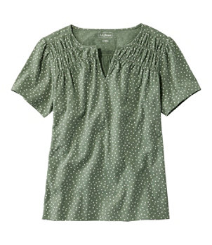 Women's Organic Cotton Tee, Smocked Notch-Neck Short-Sleeve Print