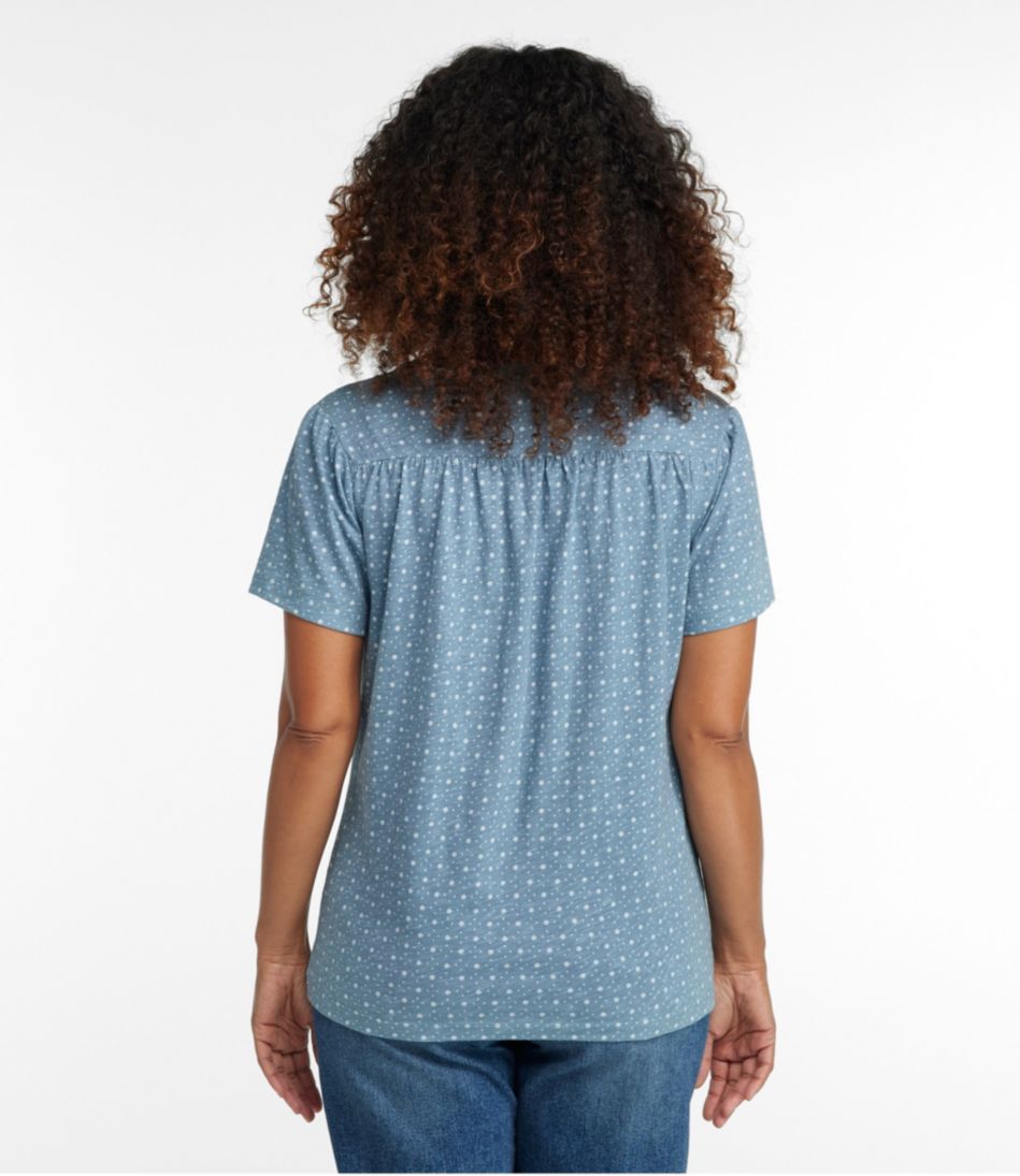 Women's Organic Cotton Tee, Smocked Notch-Neck Short-Sleeve Print