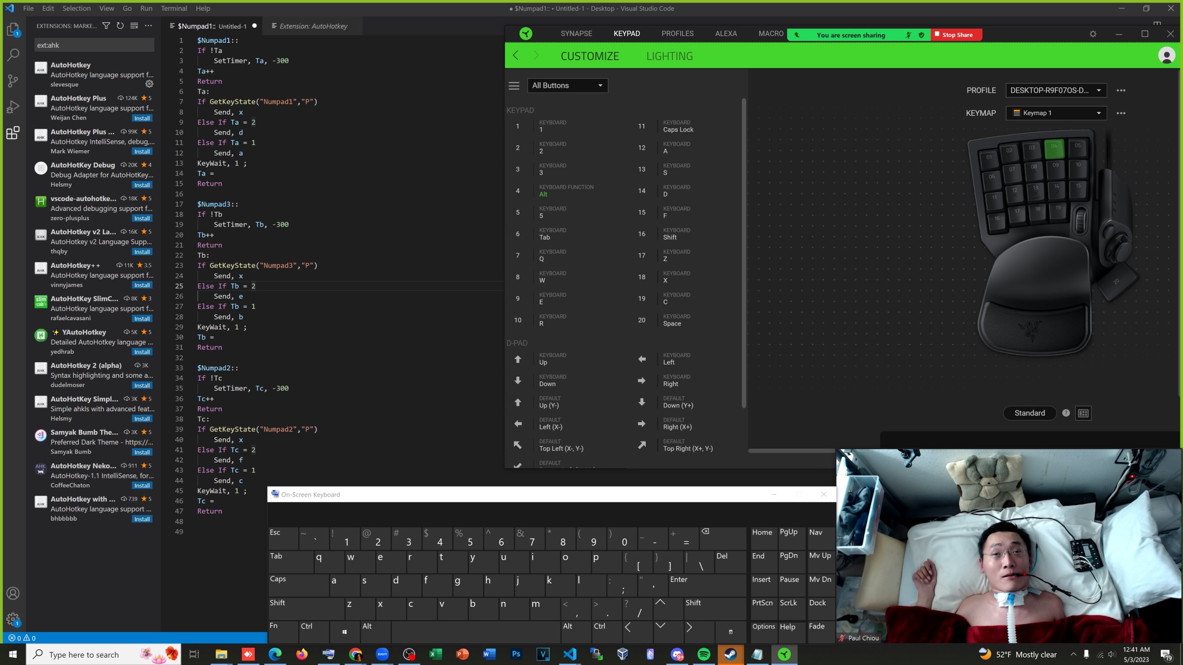 VS Code with Chiou’s key-mapping program using AutoKey, overlaid with an on-screen keyboard, a picture-in-picture of Chiou and his custom switch for gaming, and a window of Synapse, an application that provides macros for gaming.