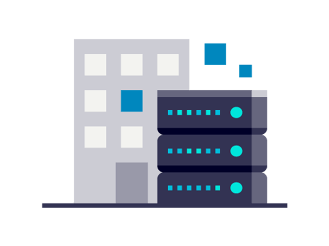 An illustration of a computer in front of a building sending data to the building to represent having PLM on-premise.