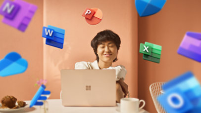 A young woman works on a Surface laptop while Microsoft 365 App icons whirl around her head.