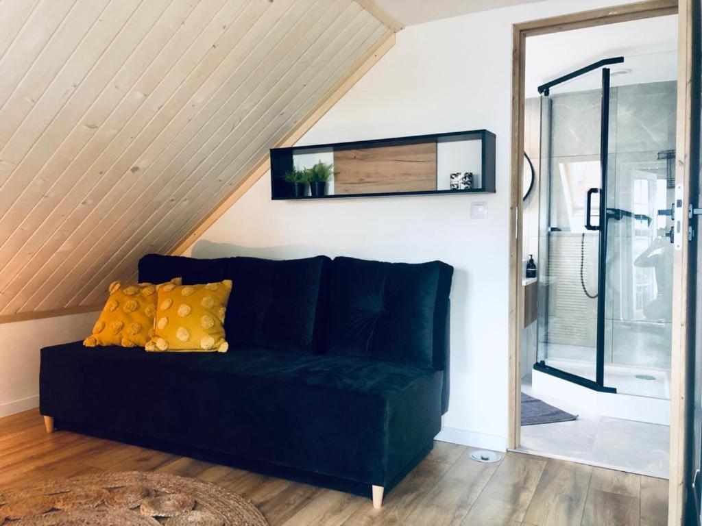 a green couch in a living room with a window at Połoninka in Ustrzyki Górne