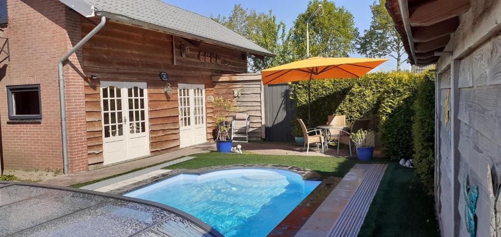 een klein zwembad met een parasol in de tuin bij Two-Bedroom Wellness House in Balkbrug