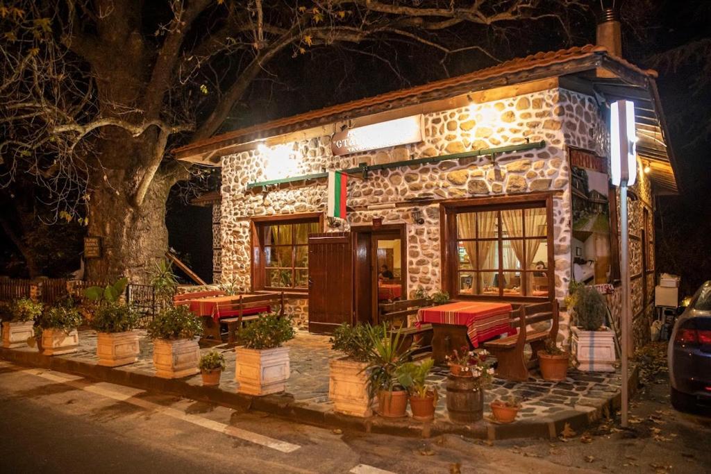 une maison en pierre avec des tables et des plantes en pot devant elle dans l'établissement Стария Чинар Мелник, à Melnik