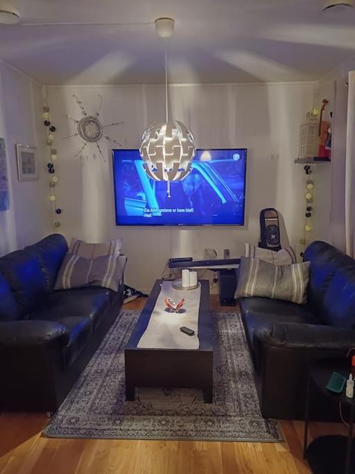 a living room with blue couches and a tv at kosebua in Narvik