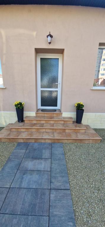 a wooden patio with two potted plants in front of a window at Alex House in Făgăraş