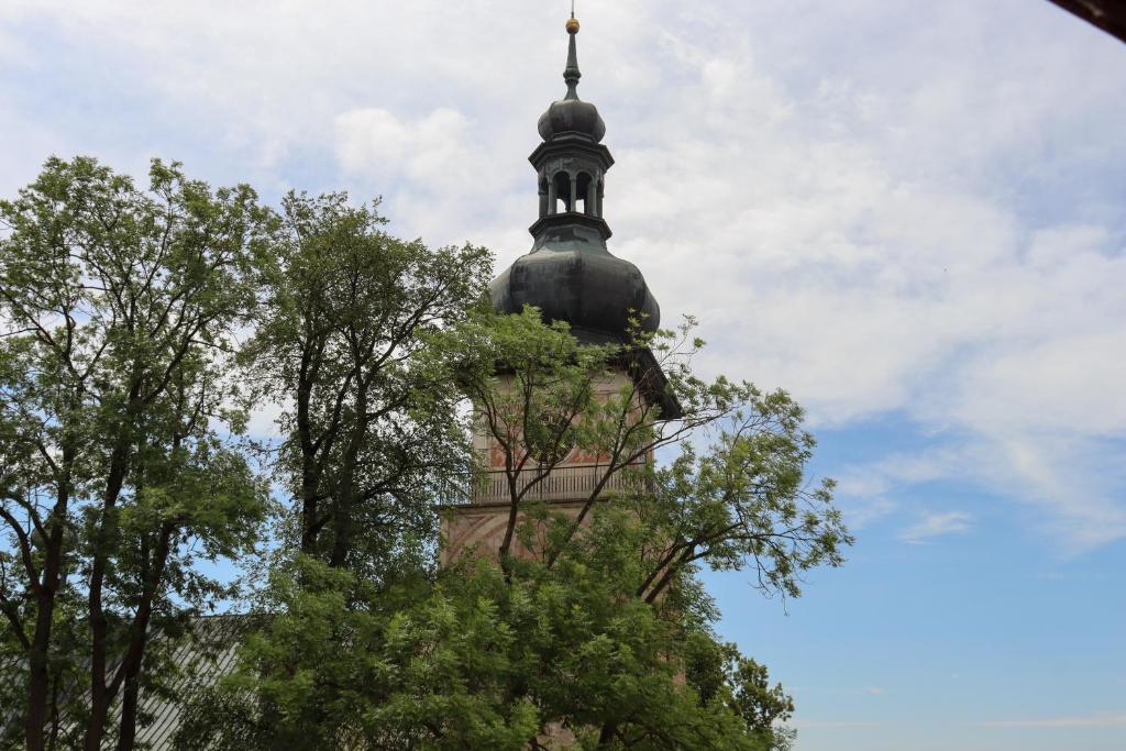 a steeple of a building with trees in the foreground at Apartmán 121 in Nové Město na Moravě