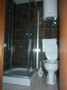 ein Bad mit einem WC und einer Glasdusche in der Unterkunft Apartments EMERALD in Ulcinj