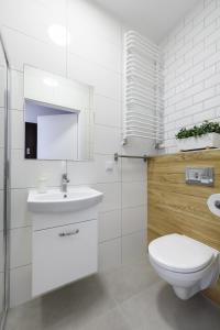 een witte badkamer met een toilet en een wastafel bij Apartamenty RIO Olawa in Oława