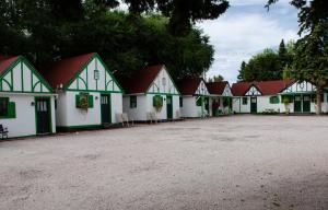 eine Reihe weißer Häuser mit roten Dächern in der Unterkunft Chalet Motel in Custer