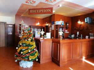 un árbol de Navidad en el vestíbulo de una licorería en Elina Hotel, en Pamporovo