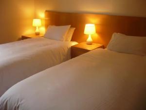 two beds in a hotel room with two lamps at Tri-Star Hotel in Birmingham