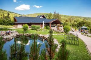 a log cabin with a pond in front of it at Hotel Partizán in Tale