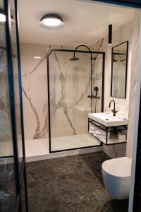 a bathroom with a shower and a toilet and a sink at Hotel Iris in De Panne