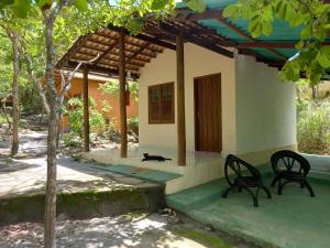 un chat assis sur la terrasse couverte d'une maison dans l'établissement Chalés Santo Verde, à Goiás