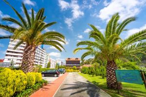 una calle con palmeras frente a un edificio en Hotel Castillo de Gauzón en Salinas