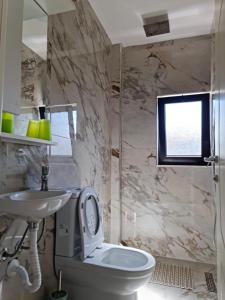 a bathroom with a white toilet and a sink at Vila Lazri in Shëngjin