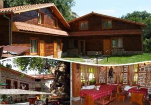 une maison avec des tables et des chaises rouges devant elle dans l'établissement Стария Чинар Мелник, à Melnik