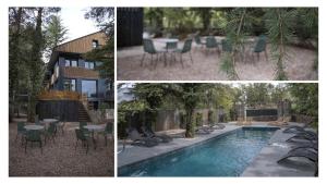 Trois photos d'une piscine avec des chaises et d'une maison dans l'établissement BOX ART ALPINO, à Navacerrada