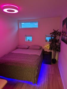 um quarto com uma cama com luzes roxas em Smart Luxury - Gaming Arena, Gym, Sauna and Jacuzzi em Keflavík