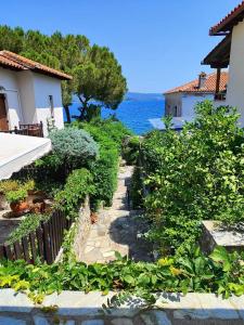 einen Garten mit Blumen und Pflanzen neben einem Haus in der Unterkunft Eleni's Blue House by Kato Gatzea in Volos