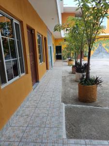 an empty hallway of a building with trees in front at Hotel y Restaurante Casa Jardines in San Benito