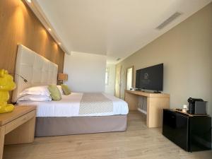 a bedroom with a bed and a flat screen tv at Hotel Revellata & Spa in Calvi