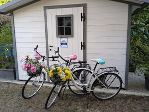 dos bicicletas estacionadas frente a una casa con flores en B&B Ca' Rina en Preganziol