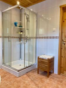 a shower with a glass enclosure in a bathroom at Fritt! Bed&Breakfast in Seljord