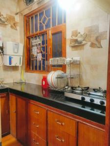 - une cuisine avec un mixeur au-dessus d'une cuisinière dans l'établissement Thakur Apartment, à Shimla