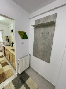 a kitchen with a wall with a painting on the wall at Apartament Fălticeni in Fălticeni