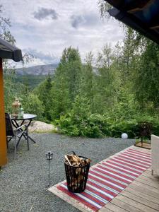 a patio with a picnic table and a striped rug at Fritt! Bed&Breakfast in Seljord