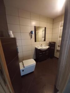 uma casa de banho com um lavatório, um WC e um espelho. em Hotel Kęszyca Leśna em Kęszyca