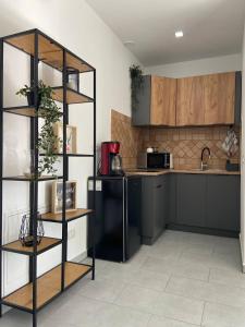 a kitchen with wooden cabinets and a black refrigerator at Alex House in Făgăraş