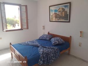 a bedroom with a bed with blue sheets and a window at La rose 1 in Mezraya