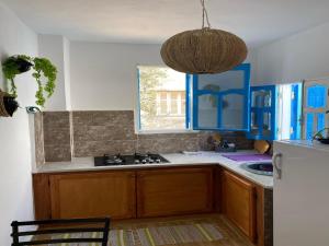 a kitchen with blue cabinets and a white refrigerator at Le Refuge Djerbien in Houmt Souk